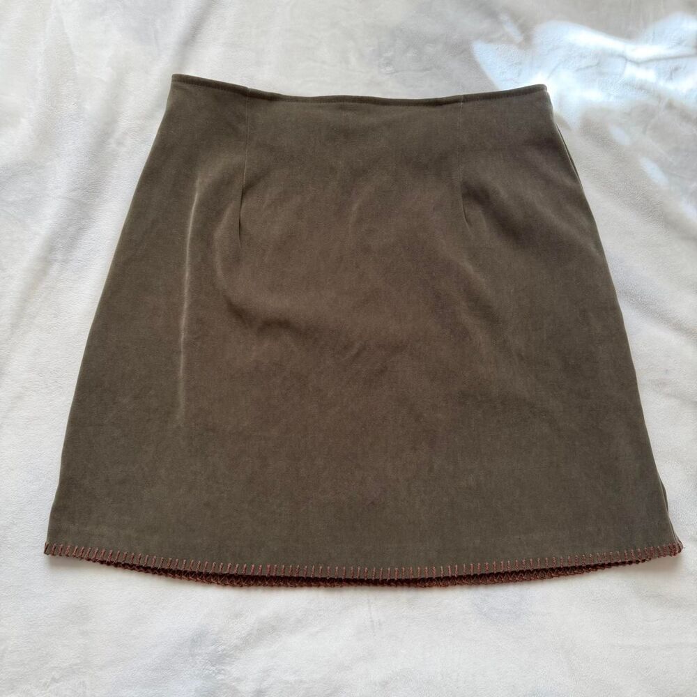 vintage y2k army green faux suede mini skirt sz 5 w/ brown stitching boho indie